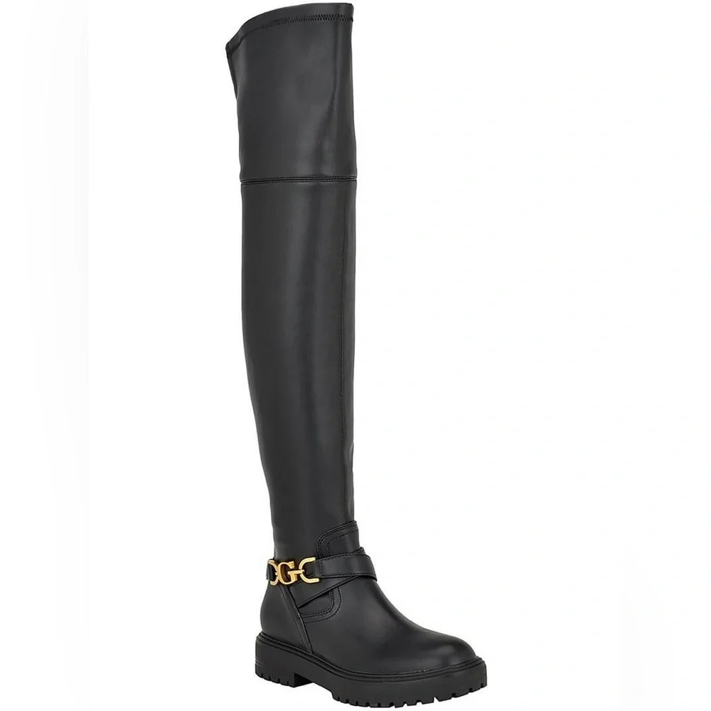 NWOT Guess Jellio Black Over-the-Knee Boots with Gold Accent